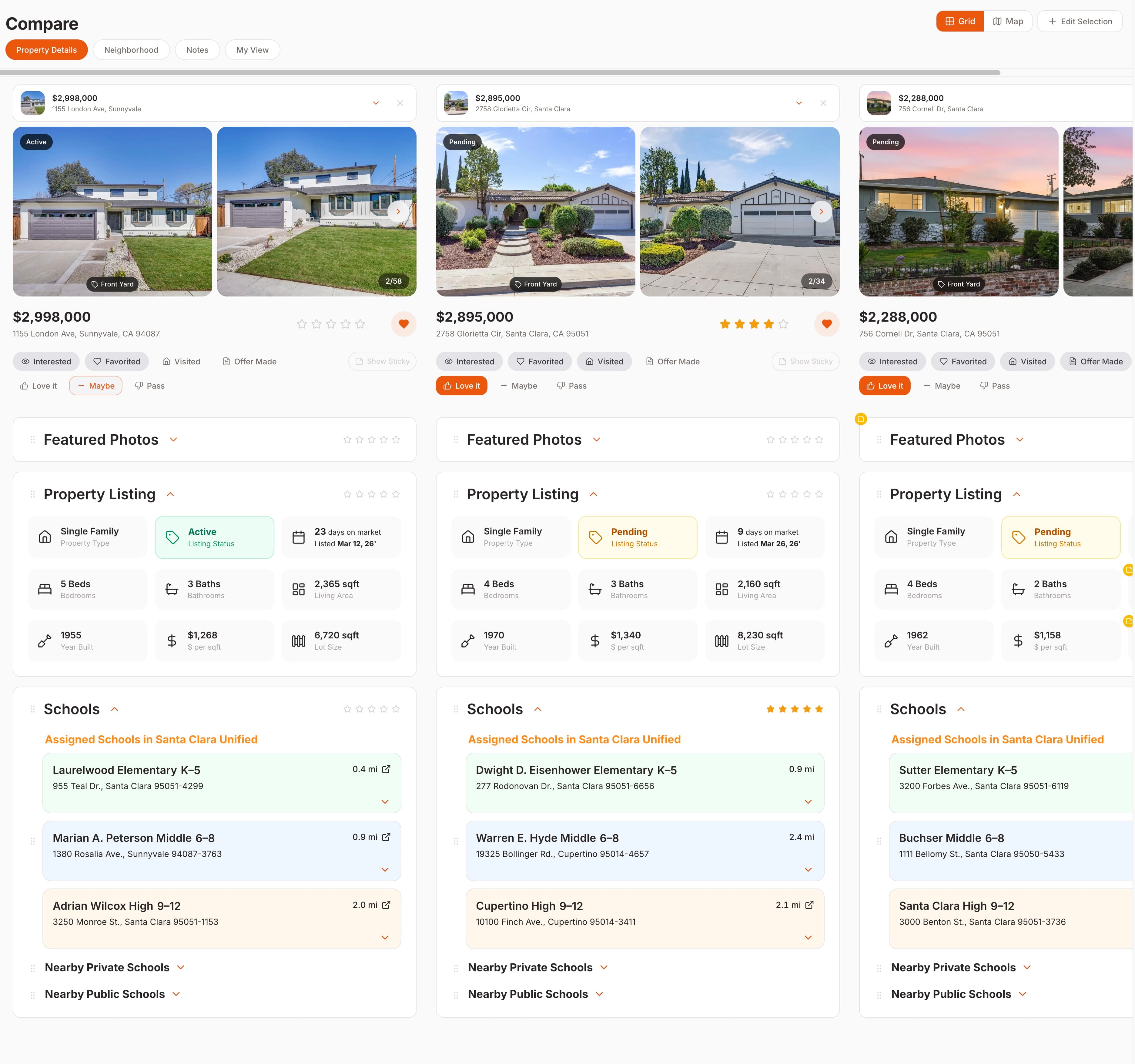 Side-by-side property comparison with synced panels