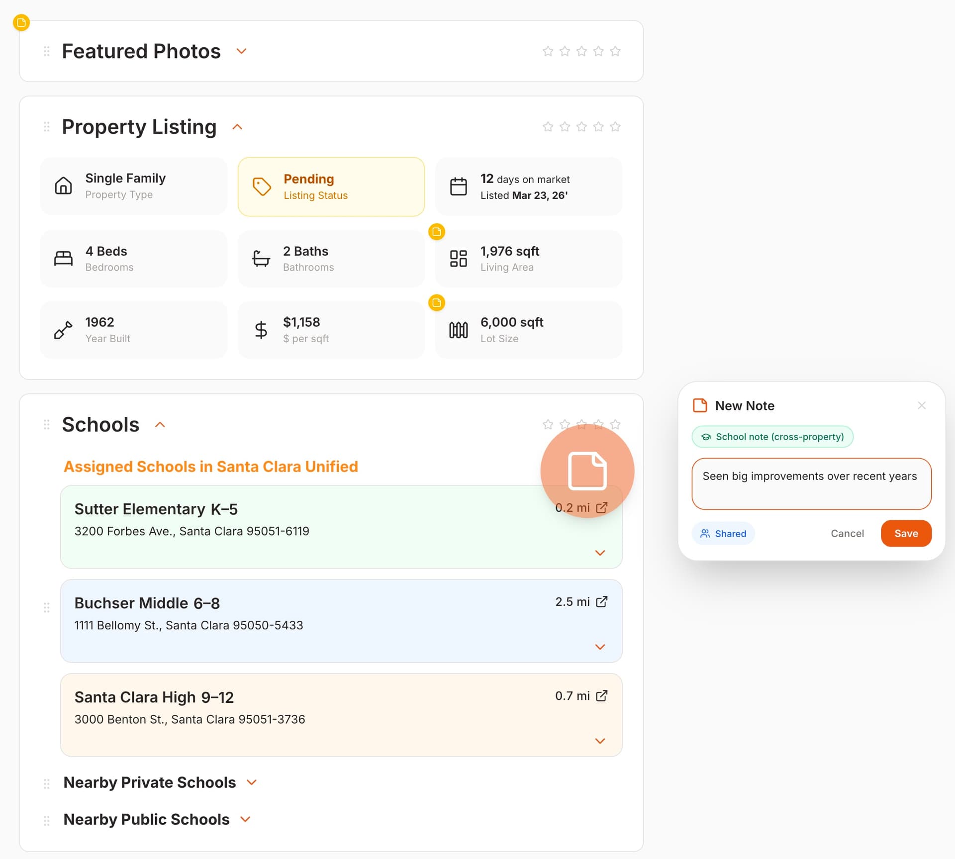 Property detail with sticky note dialog and note badges