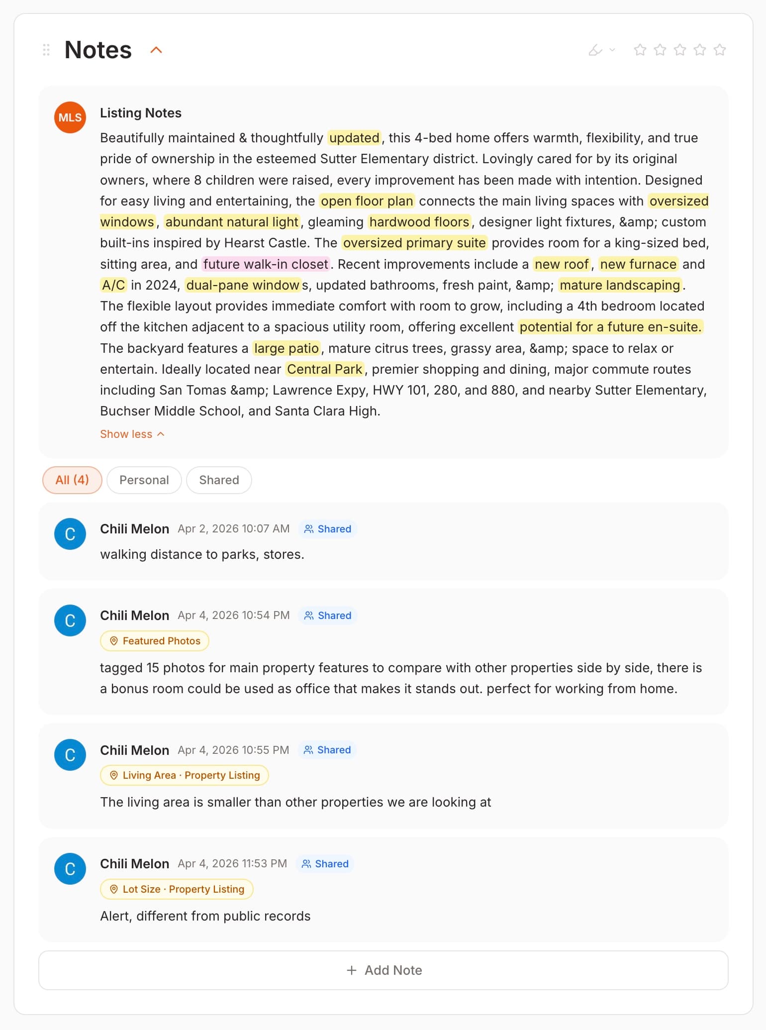 Property detail with sticky note dialog and note badges (detail)