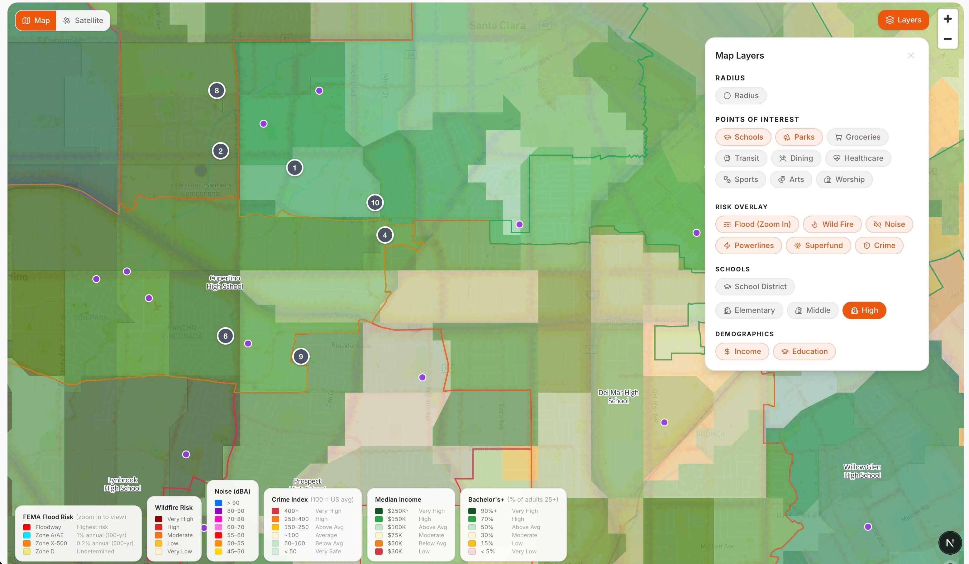Interactive map with flood overlay and commute routes
