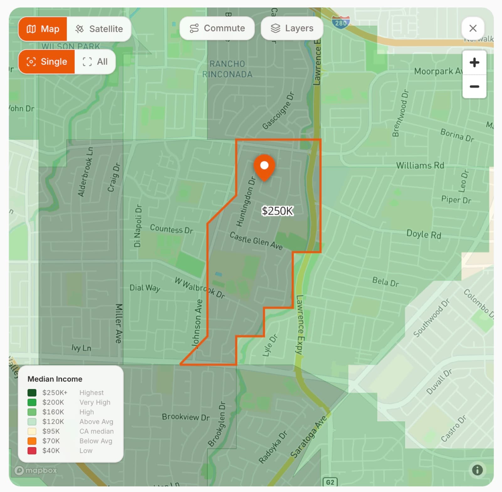 A median-income map overlay shading census tracts across the area around the home