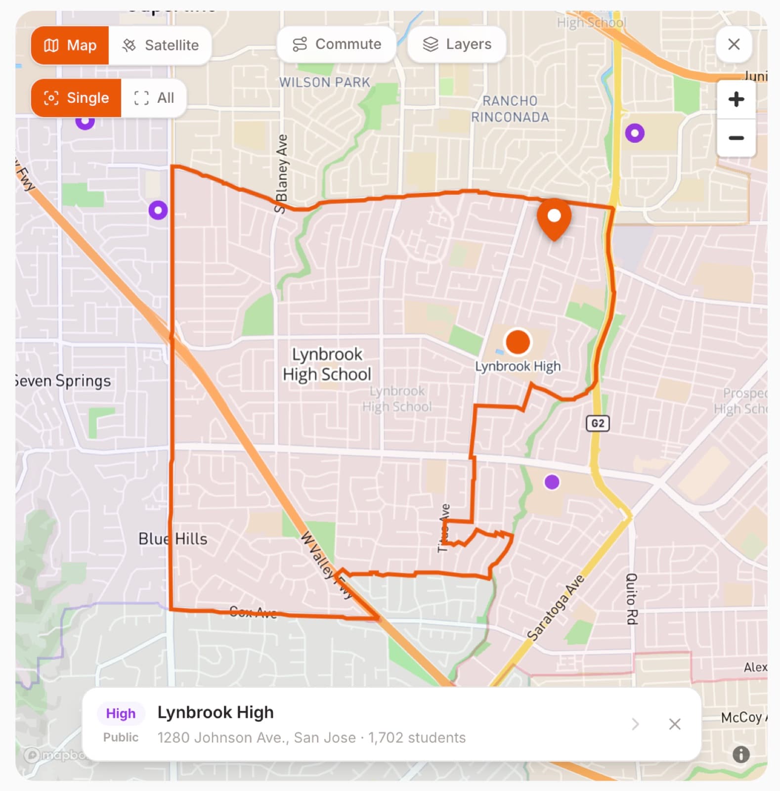 A high school's attendance boundary drawn on the map with the saved home pinned inside it
