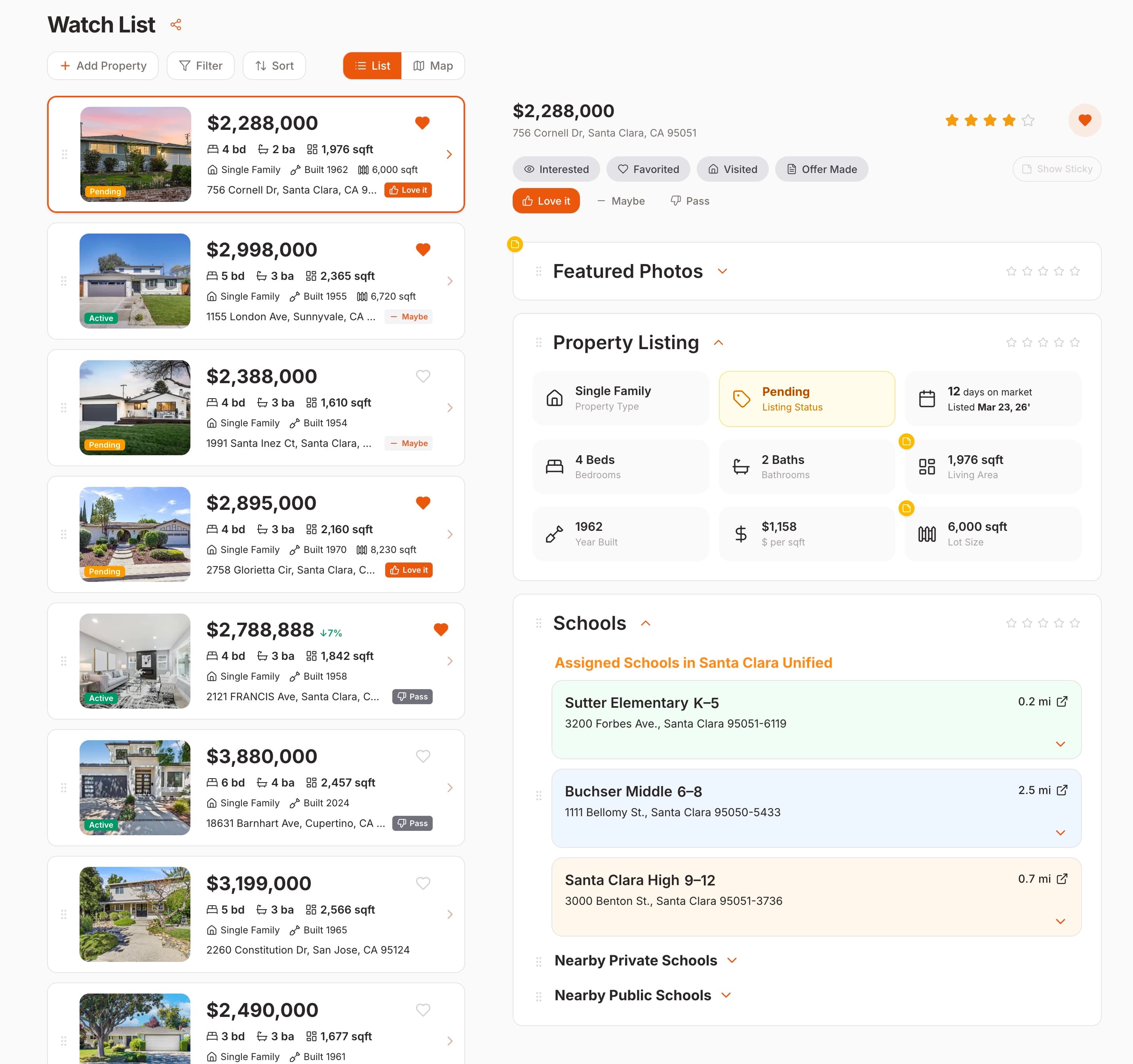 Watch list with property cards and detail panel
