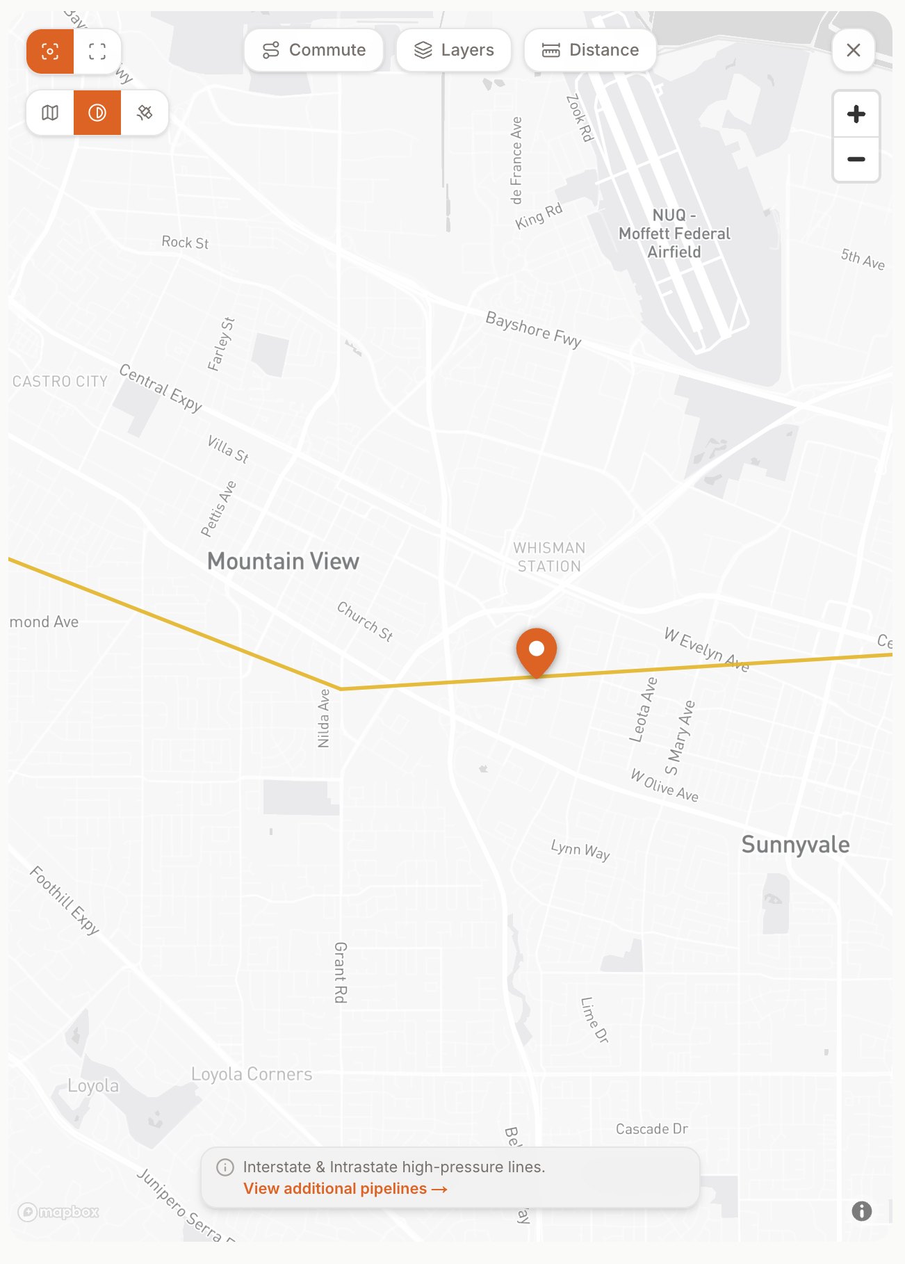 Gas transmission pipeline map overlay around a property