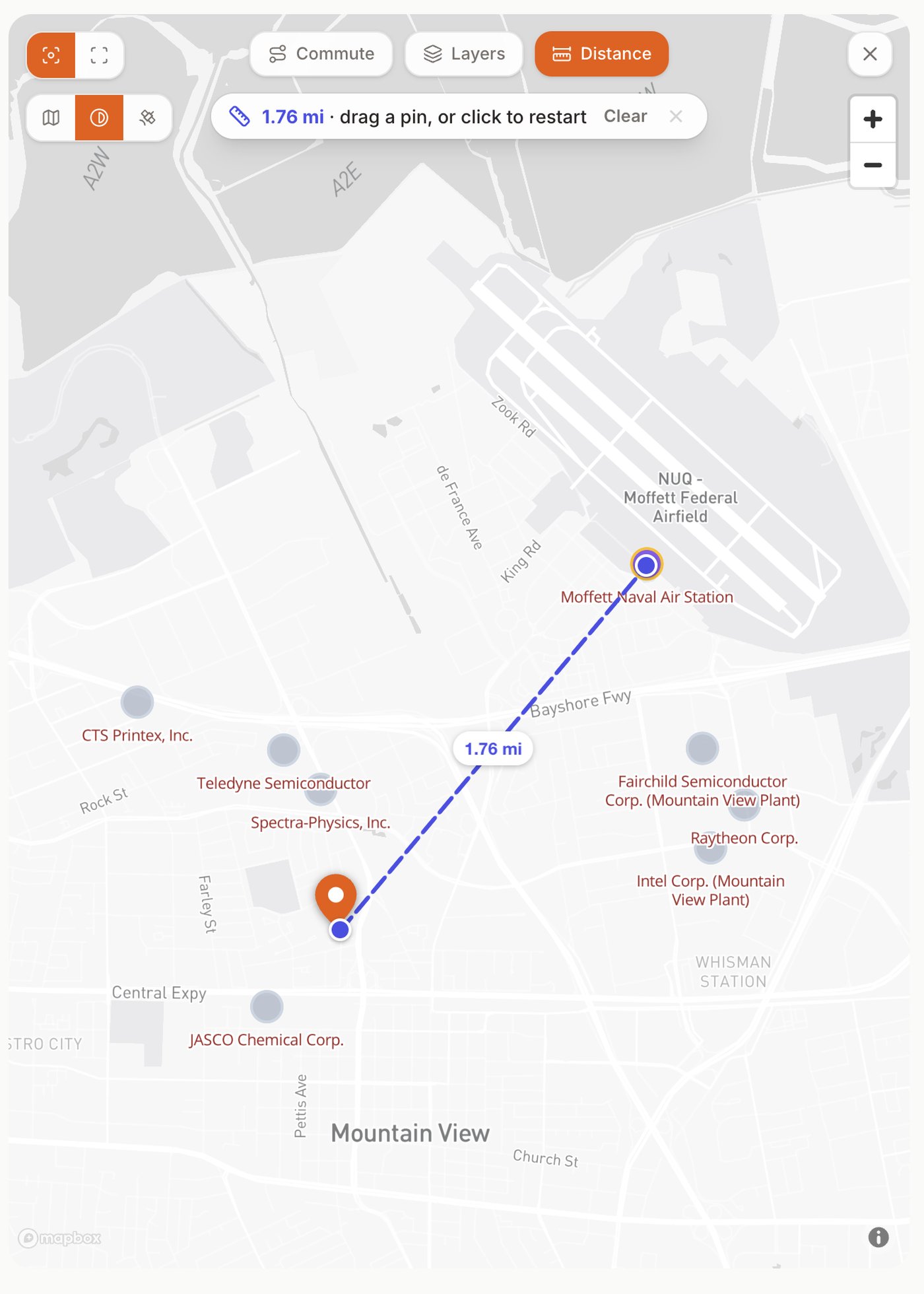 Superfund map overlay with the measure tool drawing the straight-line distance from a property to a nearby active Superfund site