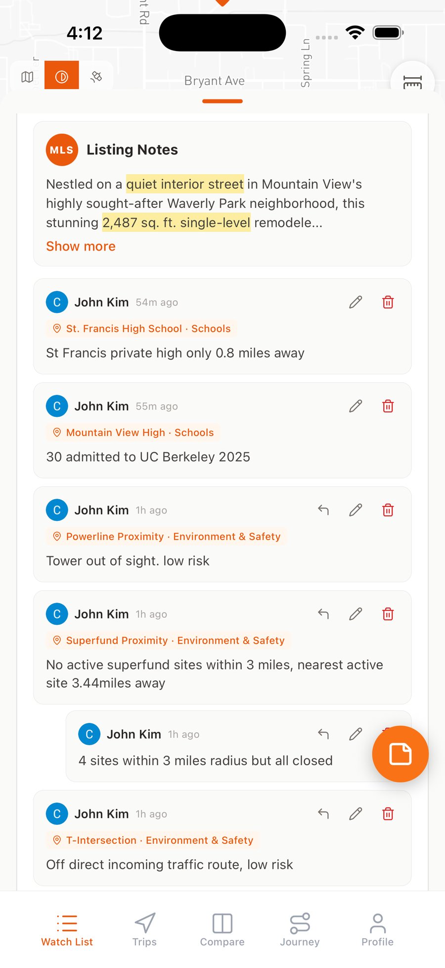 A home's Notes section showing the highlighted listing description, anchored notes, and replies