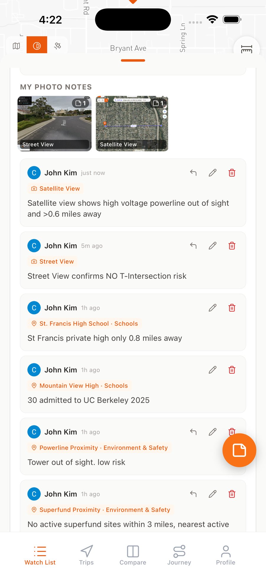 My Photo Notes gallery with photo thumbnails and their notes listed below